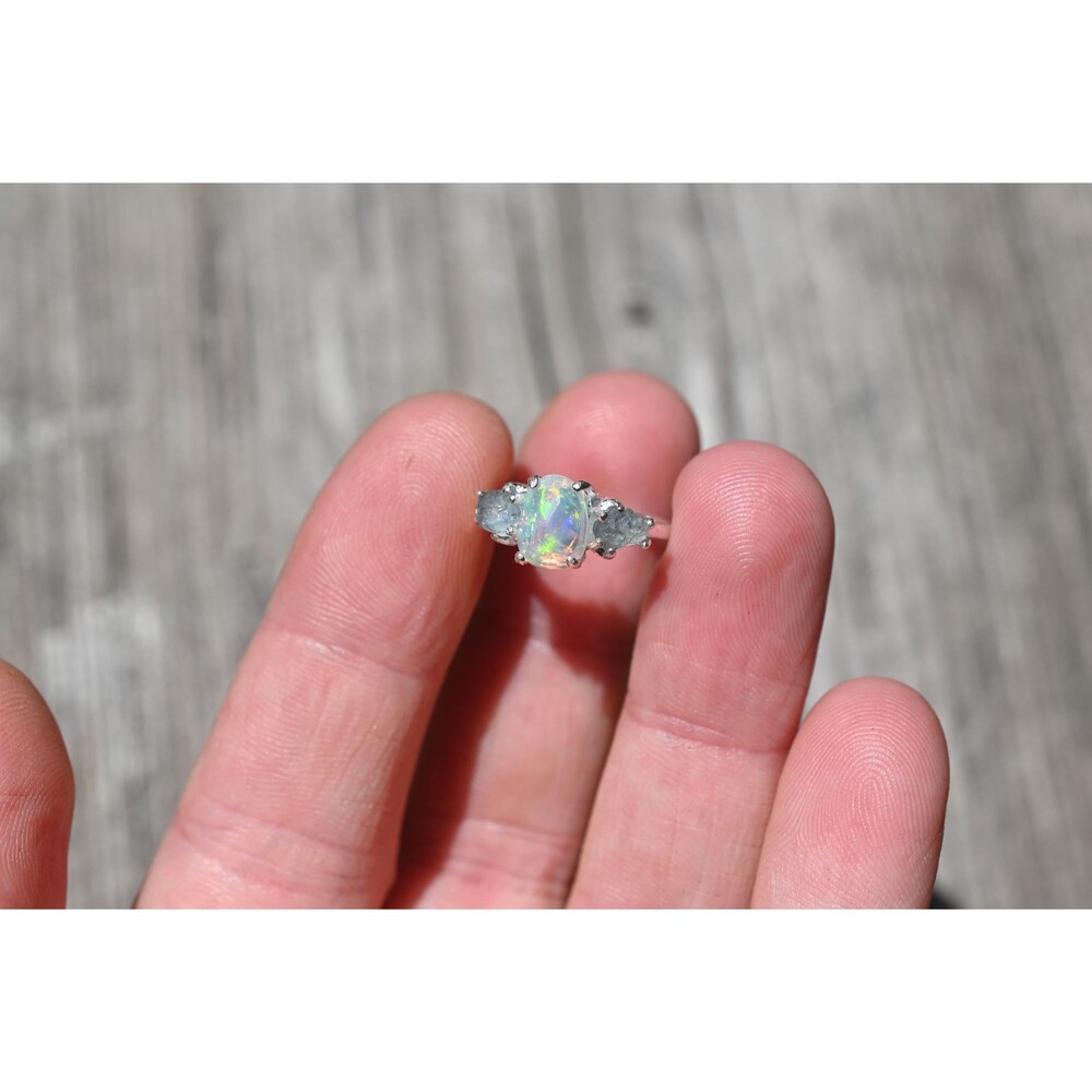 Sterling Silver Opal & Montana Sapphire Ring - Size 5